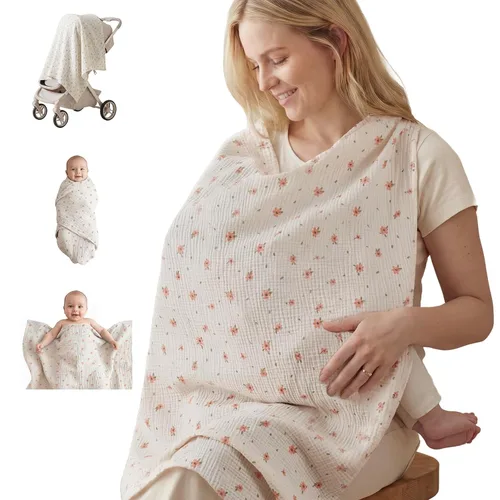 Vista 16 de Blissful Diary Funda de lactancia de muselina para lactancia materna, cubierta transpirable con cuello de arco para mujeres, delantal de lactancia