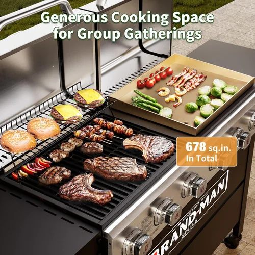 Vista 2 de Brand-Man - Combo de parrilla de 6 quemadores, parrilla de gas propano versátil 2 en 1 con tapas dobles de acero inoxidable, combo de barbacoa