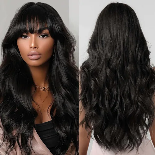 Vista 14 de Allbell - Pelucas marrones para mujeres negras, largas, onduladas, ombré, color rubio, con flequillo, pelucas sintéticas de cabello de reemplazo