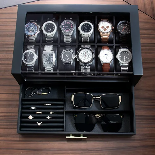 Vista 4 de KAMIER 12 Slots Watch Box Case Organizer Display for Men,Two-Tier Wooden Watch Box Organizer For Men with watch holder and Drawer,Black