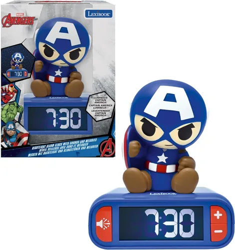 LEXiBOOK, Vengadores de Marvel, Reloj despertador con luz nocturna de Los Vengadores, Sonidos y melodías, Pantalla LCD retroiluminada, Luminoso,