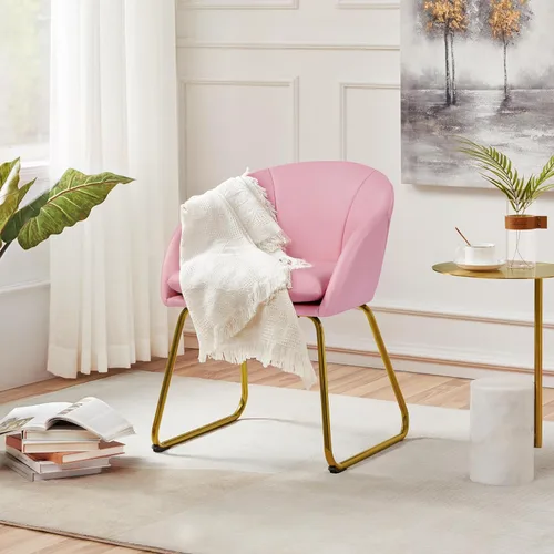 Vista 4 de Yaheetech Sillón moderno de piel sintética, silla de maquillaje en forma de flor con patas de metal dorado para sala de estar, sala de maquillaje