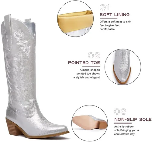 Vista 4 de GOSERCE Botas vaqueras altas hasta la rodilla para mujer, botas vaqueras altas bordadas, estilo occidental, punta puntiaguda, bloque medio, tacón