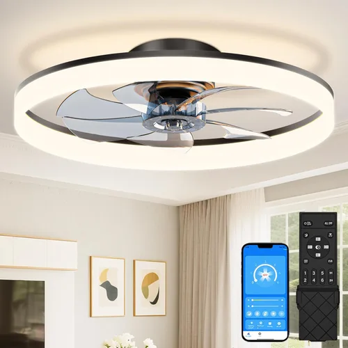 Vista 22 de VOLISUN Ventiladores de techo de perfil bajo con luces y control remoto, ventilador de techo enjaulado de 19.7 pulgadas, ventilador LED sin aspas