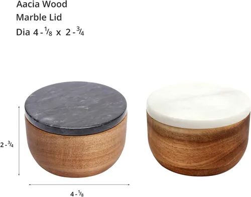 Vista 5 de jalz jalz Sal y Pimienta Bodega Caja de Sal Bodega Set con Cuchara Base de Madera con Cubierta de Mármol Tazón de Sal