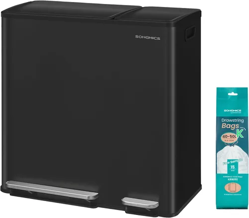 SONGMICS Kitchen Dual Trash Can, 13 + 5.3 Gallon (50 + 20 L) 2-Compartment Trash and Recycle Bin, Stainless Steel Garbage Can, Pedals, Soft-Close