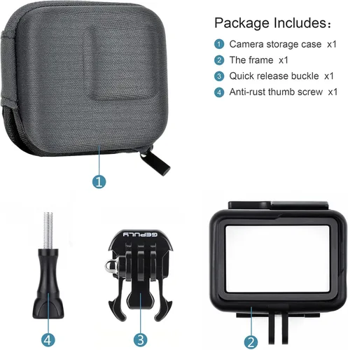 Vista 6 de GEPULY Frame Mount+ Funda de transporte para GoPro Hero 5/6/7 Negro - Mini bolsa protectora de almacenamiento de viaje también compatible