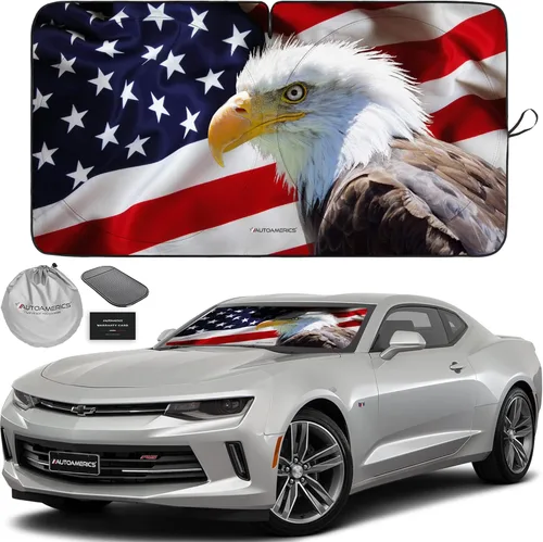 Vista 29 de Autoamerics Parasol para parabrisas de 1 pieza, diseño de camuflaje marrón con bandera estadounidense de Estados Unidos, parasol plegable