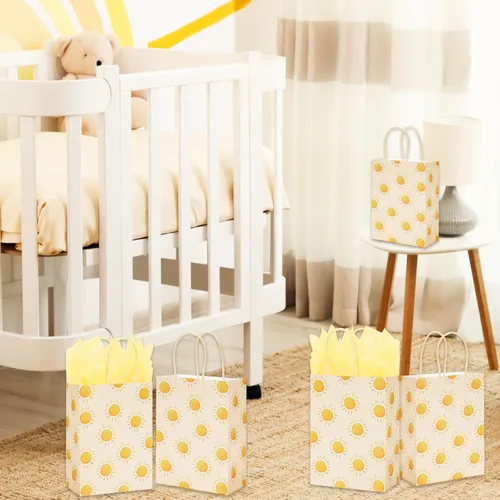 Vista 7 de Whaline Bolsa de regalo de fiesta de sol bohemio con 20 piezas de papel de seda amarillo para primer viaje alrededor del sol, bolsa de dulces