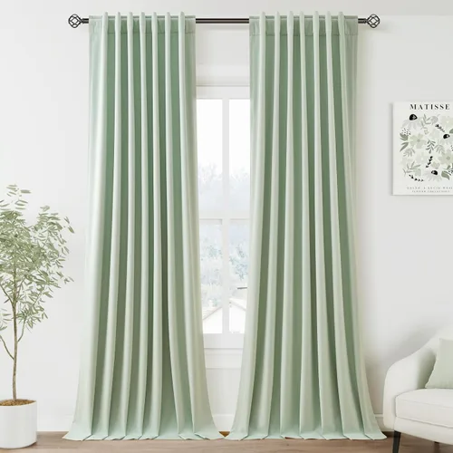 Cortinas de lino verde aguamarina de 102 pulgadas de largo con pestaña trasera, bolsillo para barra, cortinas de lino opacas que absorben el sonido,