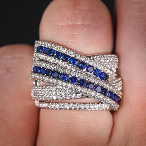 Vista 2 de Anillo de plata de ley 925 con zafiro natural, anillo cruzado de circonita cúbica, anillo de compromiso de eternidad, anillo de compromiso de boda