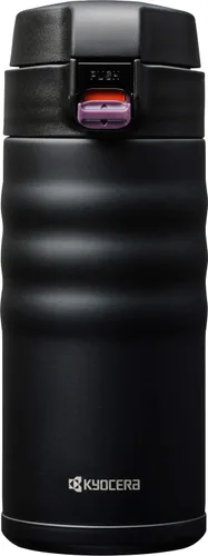 Kyocera 12oz. Interior recubierto de cerámica, doble pared aislada al vacío, taza de viaje de acero inoxidable negro mate