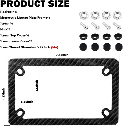 Vista 2 de Kit de marcos para matrícula de motocicleta, soporte de marco de matrícula de motocicleta de acero inoxidable con patrón de recorte de fibra