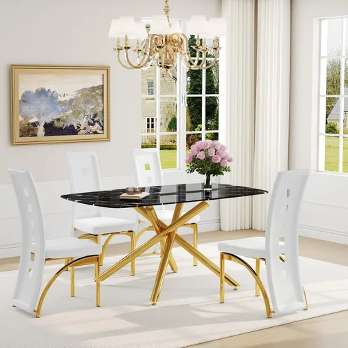Vista 46 de Juego de mesa de comedor moderna para mesa de comedor negra de 4,63 pulgadas, juego de 4 con patas de metal dorado, mesa de cocina rectangular