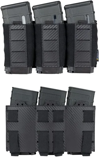 Vista 2 de IDOGEAR - Estuche táctico triple para Mag 5.56MM Molle, estuche para revistas de rifle con placa PP con patrón de fibra de carbono