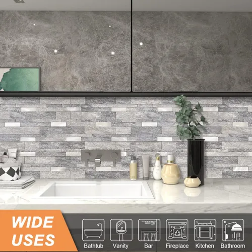 Vista 3 de VAOVI Azulejo de Salpicaduras Autoadhesivo Cocina Piedra Estilo Metro Lineal Mosaico Baño Ducha Pared Impermeable (5 piezas, Gris)