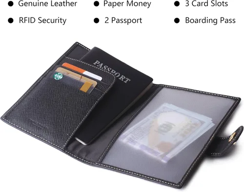 Vista 3 de Portapasaportes de cuero auténtico para pasaporte, con bloqueo Rfid - con compartimento para documentos de identificación