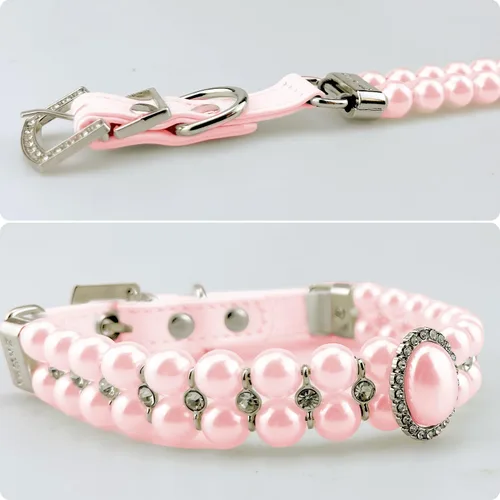 Vista 6 de KUDES Collares de perlas grandes para perros pequeños y gatos con decoración de diamantes de imitación de cristal, collar ajustable de piel