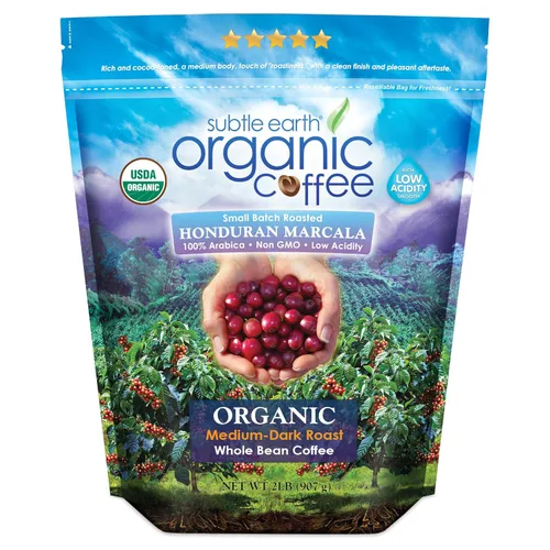 Café Orgánico Subtle Earth de 2 Libras - Tostado Medio-Oscuro - Café en Grano Entero - 100% Granos Arábica - Baja Acidez y Sin OGM - Bolsa de 2