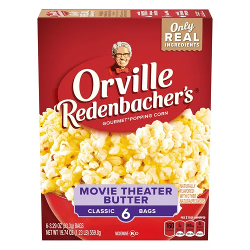Orville Redenbacher's Palomitas de maíz para microondas, sabor a mantequilla de cine, 0.11 onzas de fibra por porción, suministros nocturnos de
