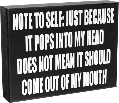 Vista 8 de Divertido letrero de madera para decoración de oficina con texto en inglés "Note to Self Just Because It Pops Into My Head", letrero de escritorio
