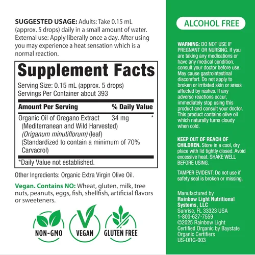 Vista 2 de Rainbow Light Aceite orgánico de orégano 2 onzas líquidas Extracto líquido sin alcohol Suplemento de hierbas sin OMG y sin gluten