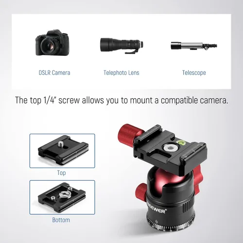 Vista 4 de NEEWER Cabezal de trípode, cabezal de bola panorámica giratoria de 360° con placa de zapata rápida de 1/4 pulgadas para trípode monopie deslizante