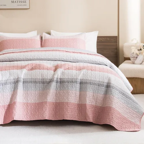 Vista 4 de Litanika Juego de edredón de 3 piezas, tamaño Queen, color rosa, colcha de retazos a rayas, juego de ropa de cama de verano de microfibra ligera