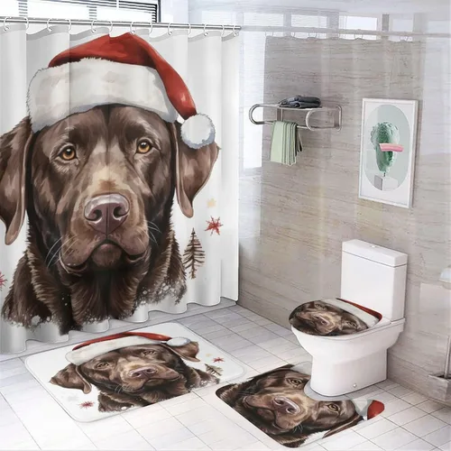 Vista 10 de Juego de 4 cortinas de ducha de baño de Labrador de chocolate, gorro de Papá Noel, juego de cortinas de ducha antideslizantes y tapete de inodoro