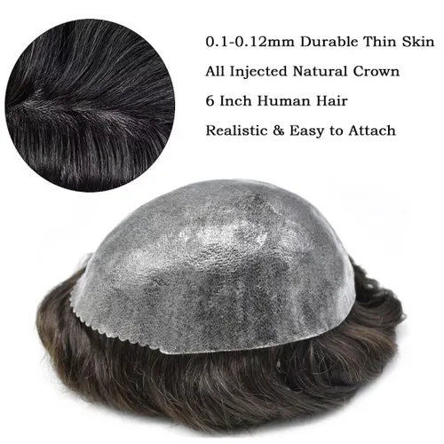 Vista 71 de Men's 8X10 All Poly Toupee Real Human Hair Replacement System, 0.1mm Thin Skin PU Injected Hairpiece, Scallop PU Front Natural Hairline #1 Jet