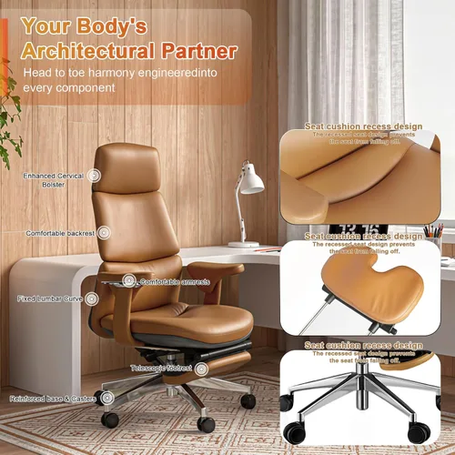 Vista 5 de Silla de oficina ergonómica de cuero genuino con reposapiés de Marrón