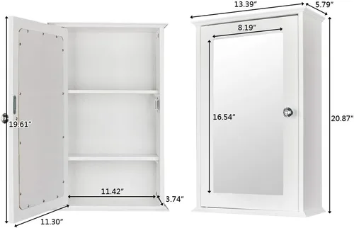Vista 2 de Botiquín de baño con espejo blanco, armario de almacenamiento de pared con puerta de vidrio individual y estante ajustable