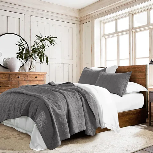Vista 8 de HORIMOTE HOME Juego de edredón 100% algodón tamaño Queen, juego de colcha prelavada gris claro, funda de cama decorativa con costuras ligeras y 2