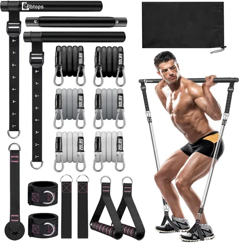 Vista 14 de Kit de barra de pilates Bbtops con bandas de resistencia, barra de pilates con bandas apilables, equipo de entrenamiento para piernas, cadera, Rosa