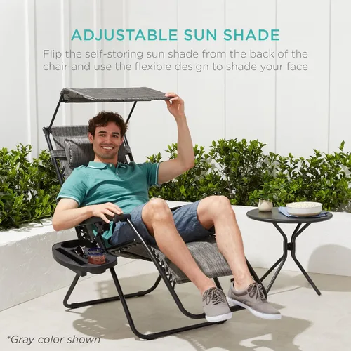Vista 5 de Best Choice Products Silla reclinable plegable de gravedad cero para exteriores, de patio, para salón al aire libre, con toldo ajustable