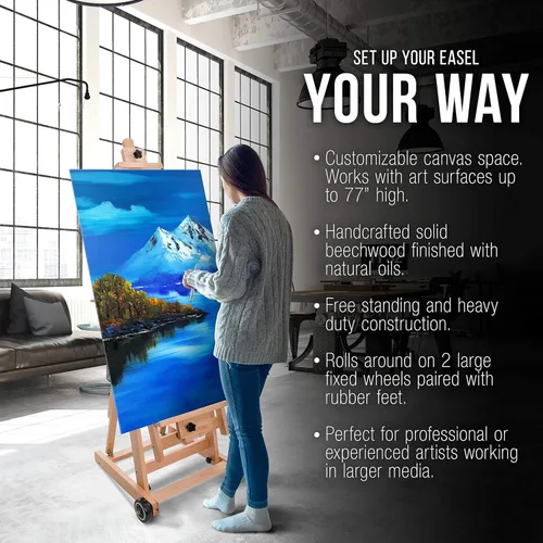 Vista 4 de U.S. Art Supply Master - Caballete de madera multifunción para artistas de estudio, marco en H ajustable y resistente, se inclina plano, el mástil