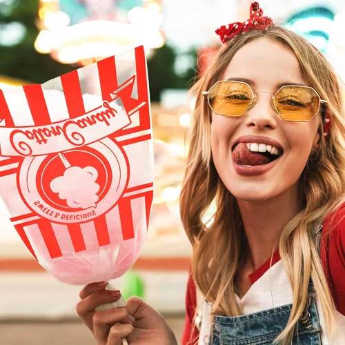 Vista 6 de Geyee 500 bolsas de algodón de azúcar con lazos, bolsas grandes de algodón transparente con estampado de rayas, perfectas para carnavales, fiestas