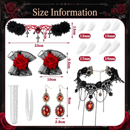 Vista 4 de Newcotte 11 piezas de disfraz de vampiro de Halloween rojo negro peluca