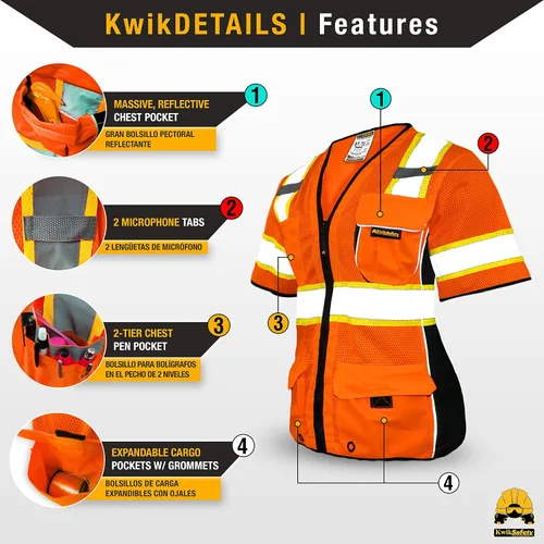 Vista 4 de KwikSafety Men's & Women's Class 3 Safety Vest ANSI OSHA Hi Vis Vest Negro con mangas Hombre 1 Pack