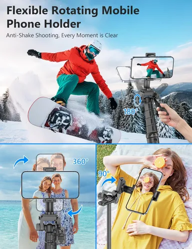 Vista 5 de Trípode de teléfono de 72 pulgadas y palo para selfie, soporte extensible para teléfono celular con control remoto desmontable y soporte