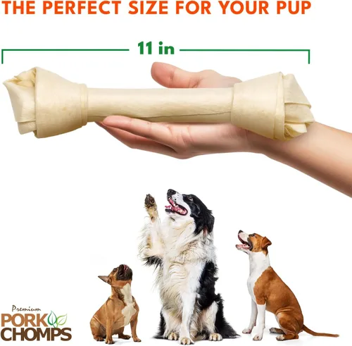 Vista 4 de Pork Chomps Masticable para perros de piel de cerdo al horno, nudo de 11 pulgadas, 1 unidad