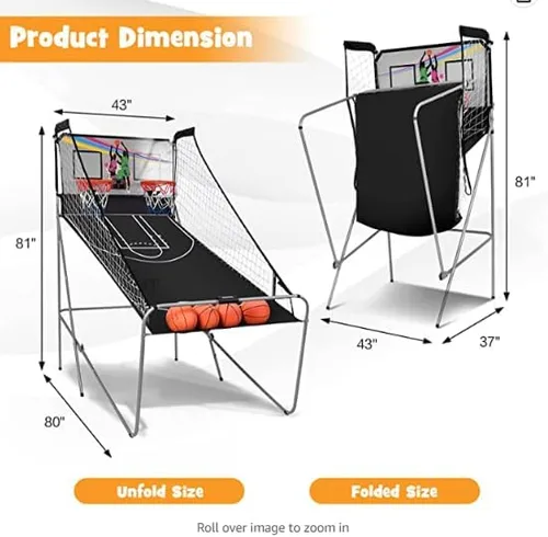Vista 5 de ReunionG Juego de baloncesto de arcade, doble disparo electrónico para 2 jugadores con 4 bolas, 8 opciones de juego, juego de baloncesto