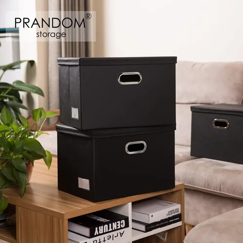 Vista 2 de PRANDOM Cajas de almacenamiento apilables grandes con tapas paquete de 5 contenedores de almacenamiento plegables de tela de cuero, cestas
