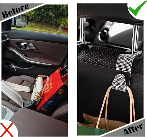 Vista 4 de OSIFIT 2 piezas de ganchos para asiento de coche - Ganchos de reposacabezas con diamantes de imitación y diseño universal - Perfectos para sujetar