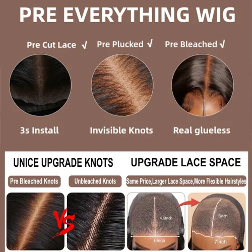 Vista 4 de UNICE Bye Bye Knots - Peluca de cabello humano precortado con encaje frontal de 7 x 5, cabello humano rizado con nudos invisibles, para poner
