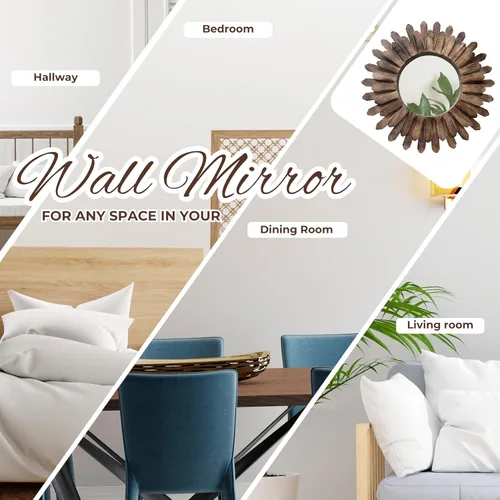 Vista 8 de Bedding Craft Espejo rústico redondo de madera con diseño de rayos de sol, de 18 pulgadas con acabado quemado – Accesorio bohemio para dormitorio