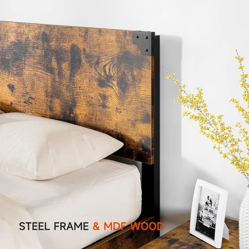 Vista 6 de Base de cama de tamaño matrimonial con 4 cajones de almacenamiento y cabecero, plataforma de metal resistente y madera rústica, marco de cama