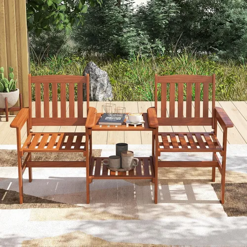 Vista 3 de RELAX4LIFE Sofá de dos plazas para exteriores con mesa integrada, sillas de patio de madera con mesa central y agujero para paraguas, banco