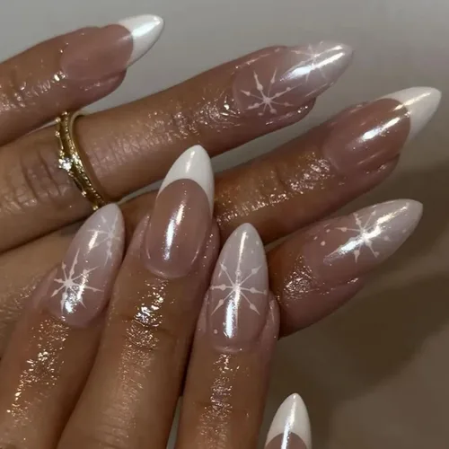 Vista 29 de Uñas postizas a presión en forma de almendra, uñas falsas medianas con diseños de arcos 3D, perlas y strass, puntas francesas, uñas a presión