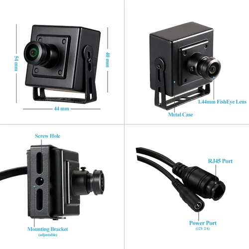Vista 5 de REVOTECH Mini cámara IP de seguridad ojo de pez, HD 3MP cámara interior 0.057 in lente 180 grados gran angular P2P visión remota CCTV Video Cam negro